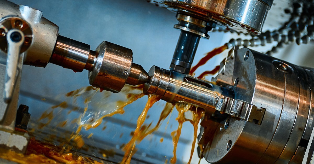 A close-up of a lathe machine tool operating on a metal part in a workshop, with factory lubricant on top.