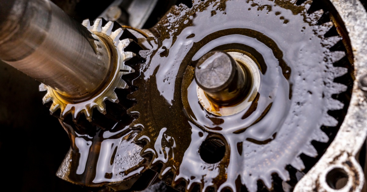 Greased steel gears mesh together on parallel shafts, oil pooling across the teeth and casing interior.