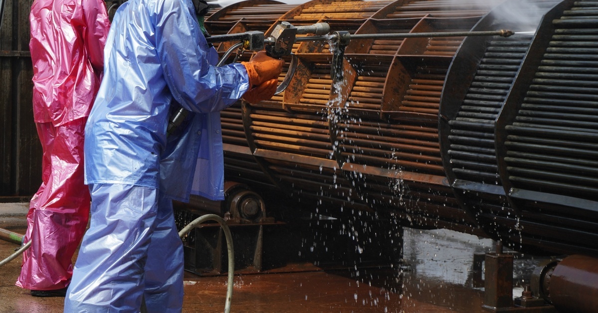 Two technicians wearing protective gear use a high-pressure water jets to spray a tube bundle and clean the surfaces.