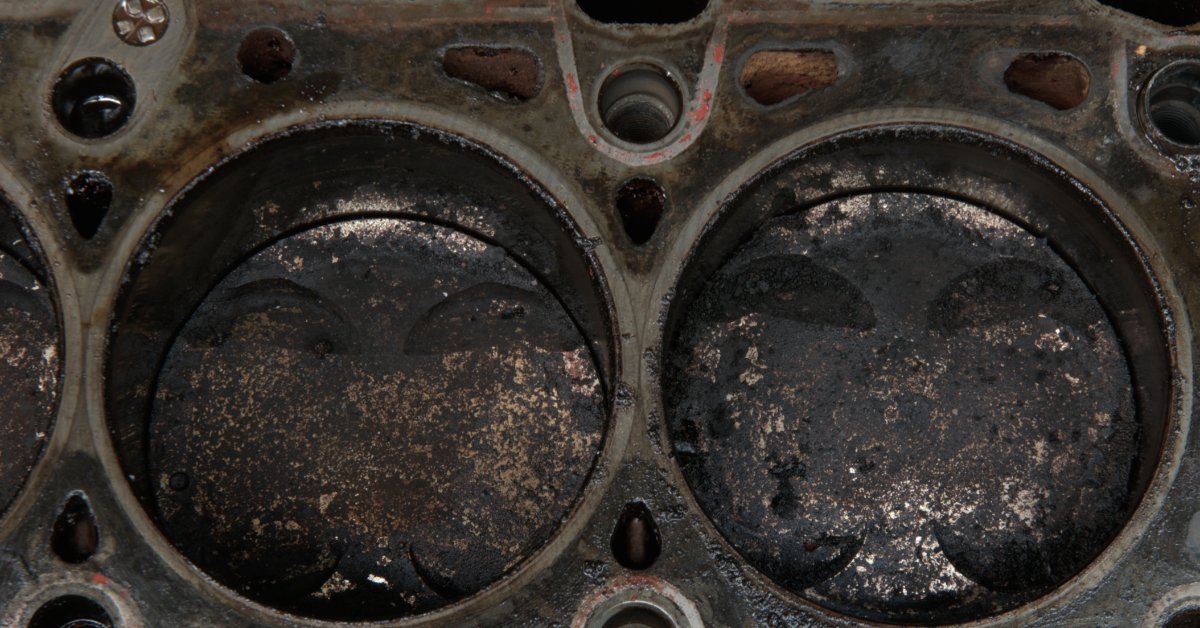 How Automotive Lubricants Help Reduce Emissions Two engine pistons are covered in dark carbon deposits. The metal engine block shows discoloration and residue.