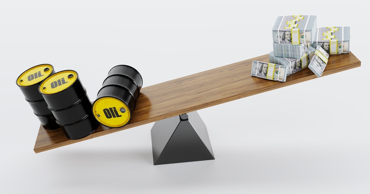 A 3D scale showing an oil barrel balanced against a dollar sign, representing the market value of oil in U.S. currency.