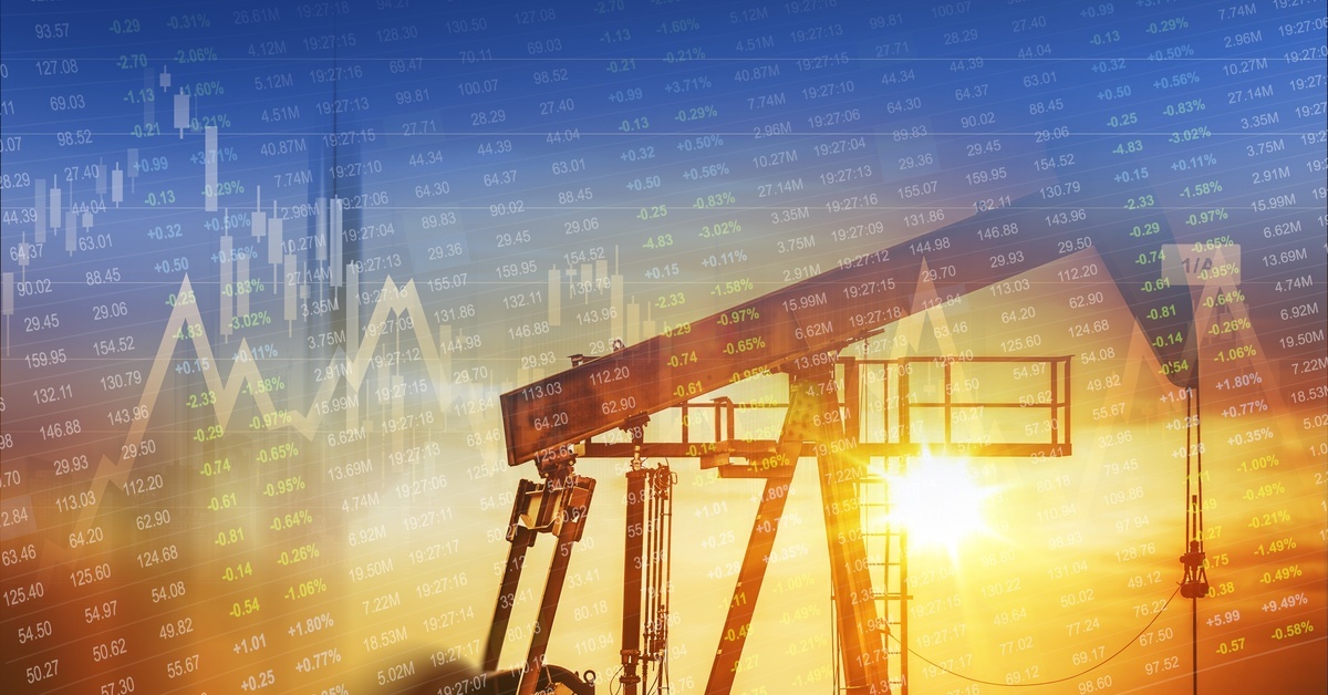 An oil rig is depicted with crude oil prices and trends, highlighting the financial aspects of global energy investments.