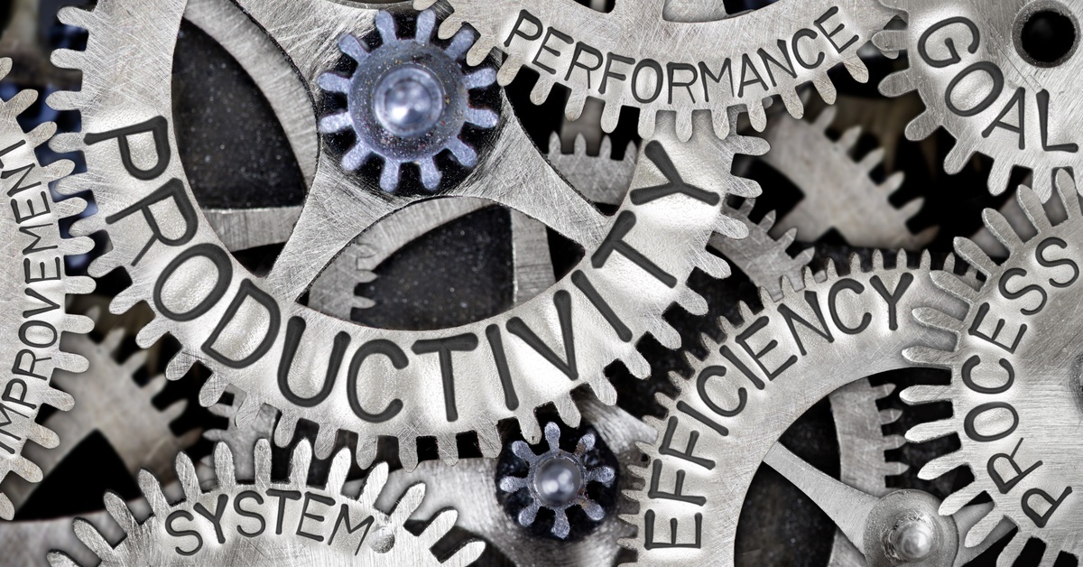Multiple metallic gear wheels interlock, displaying the engraved words 'productivity' and 'performance'.