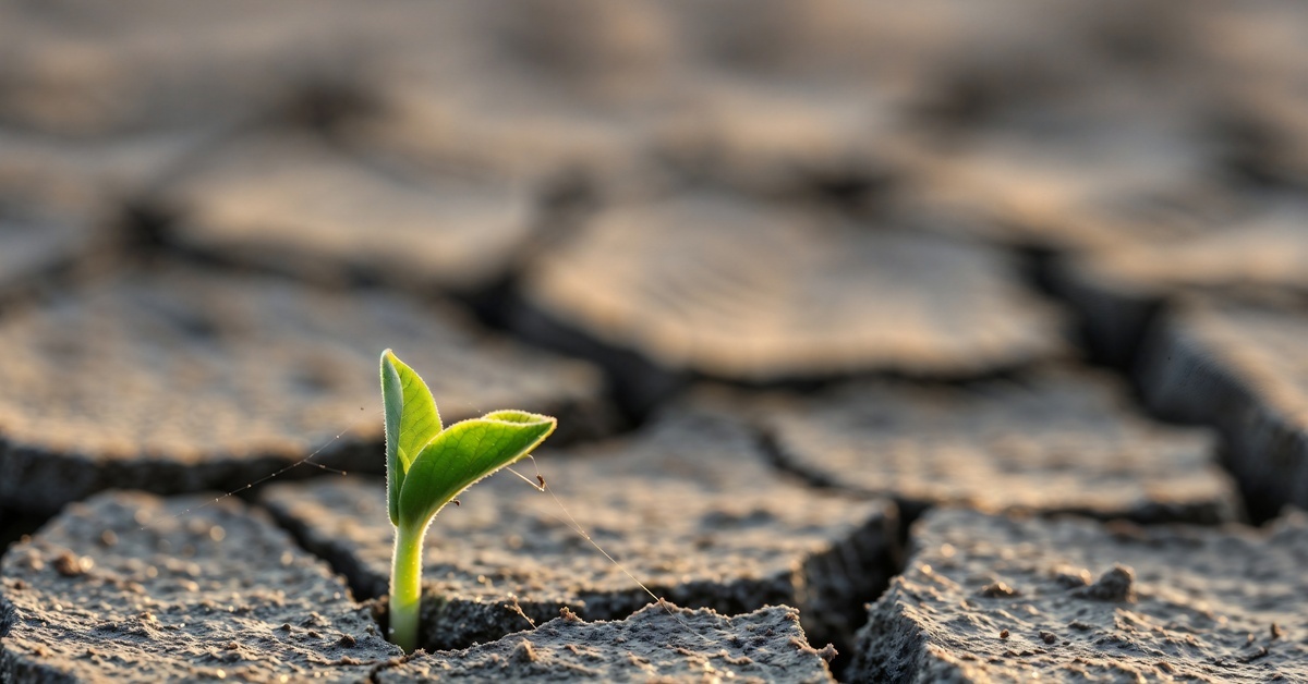 A tiny green plant leaf emerging from a patch of dry, cracked concrete as the sun shines on the pavement.