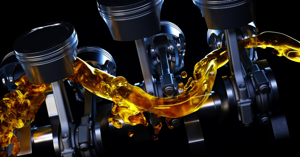 Comparing Conventional and Synthetic Blend Oils Engine pistons and connecting rods are shown against a dark background. Golden motor oil flows around the components.